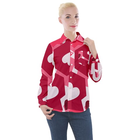 Pink Hearts Pattern Love Shape Women s Long Sleeve Pocket Shirt by Pakjumat