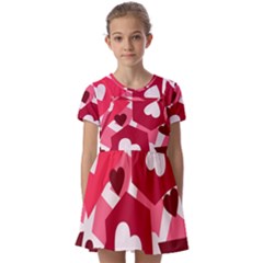 Pink Hearts Pattern Love Shape Kids  Short Sleeve Pinafore Style Dress