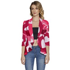 Pink Hearts Pattern Love Shape Women s 3/4 Sleeve Ruffle Edge Open Front Jacket by Pakjumat