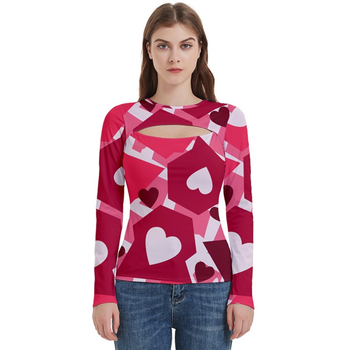 Pink Hearts Pattern Love Shape Women s Cut Out Long Sleeve T-Shirt