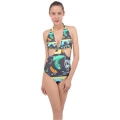 Repetition Seamless Child Sketch Halter Front Plunge Swimsuit by Pakjumat