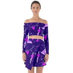 Purple Blue Geometric Pattern Off Shoulder Top With Skirt Set