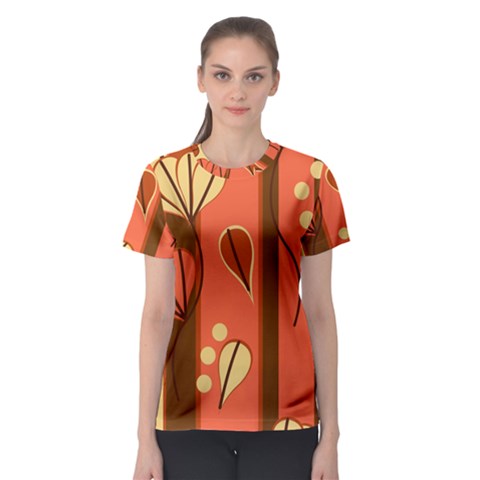 Amber Yellow Stripes Leaves Floral Women s Sport Mesh T-shirt by Pakjumat