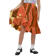 Amber Yellow Stripes Leaves Floral Kids  Ruffle Flared Wrap Midi Skirt by Pakjumat