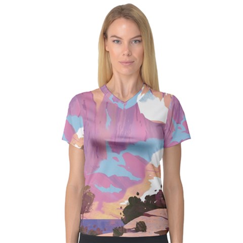 Pink Mountains Grand Canyon Psychedelic Mountain V-neck Sport Mesh T-shirt by Modalart