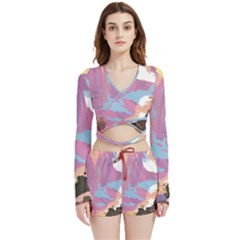 Pink Mountains Grand Canyon Psychedelic Mountain Velvet Wrap Crop Top And Shorts Set