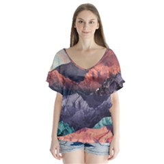 Adventure Psychedelic Mountain V-neck Flutter Sleeve Top by Modalart