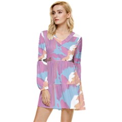 Pink Mountains Grand Canyon Psychedelic Mountain Tiered Long Sleeve Mini Dress by Modalart