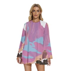 Pink Mountains Grand Canyon Psychedelic Mountain Round Neck Long Sleeve Bohemian Style Chiffon Mini Dress by Modalart