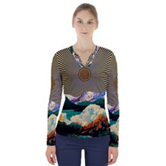 Surreal Art Psychadelic Mountain V-neck Long Sleeve Top by Modalart