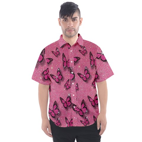 Pink Glitter Butterfly Men s Short Sleeve Shirt by Modalart