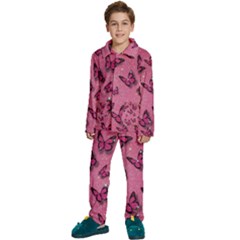 Pink Glitter Butterfly Kids  Long Sleeve Velvet Pajamas Set by Modalart