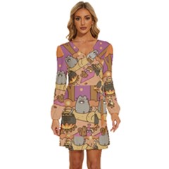 Pusheen Cute Fall The Cat Long Sleeve Waist Tie Ruffle Velvet Dress by Modalart