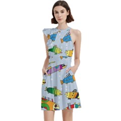 Fish Ocean Sea Water Diving Blue Cocktail Party Halter Sleeveless Dress With Pockets