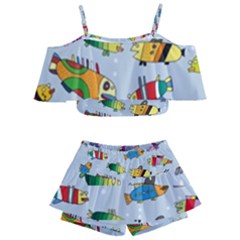 Fish Ocean Sea Water Diving Blue Kids  Off Shoulder Skirt Bikini by Modalart