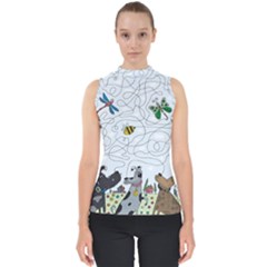 Dog Puzzle Maze Bee Butterfly Mock Neck Shell Top by Modalart
