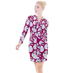 Terrible Frightening Seamless Pattern With Skull Button Long Sleeve Dress