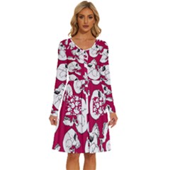 Terrible Frightening Seamless Pattern With Skull Long Sleeve Dress With Pocket