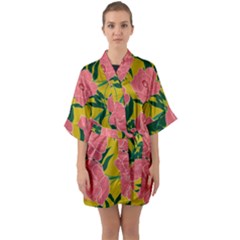 Pink Flower Seamless Pattern Half Sleeve Satin Kimono  by Bedest