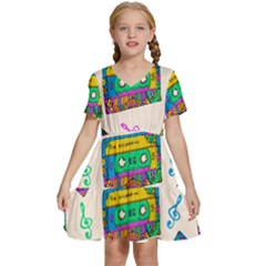 Seamless Pattern With Colorful Cassettes Hippie Style Doodle Musical Texture Wrapping Fabric Vector Kids  Short Sleeve Tiered Mini Dress by Bedest