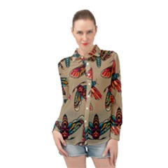 Tattoos Colorful Seamless Pattern Long Sleeve Chiffon Shirt