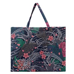 Japanese Wave Koi Illustration Seamless Pattern Zipper Large Tote Bag by Bedest
