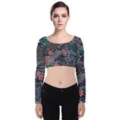 Japanese Wave Koi Illustration Seamless Pattern Velvet Long Sleeve Crop Top