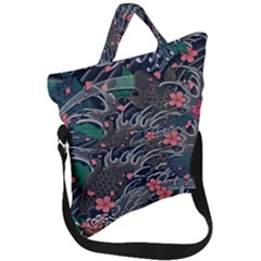 Japanese Wave Koi Illustration Seamless Pattern Fold Over Handle Tote Bag by Bedest