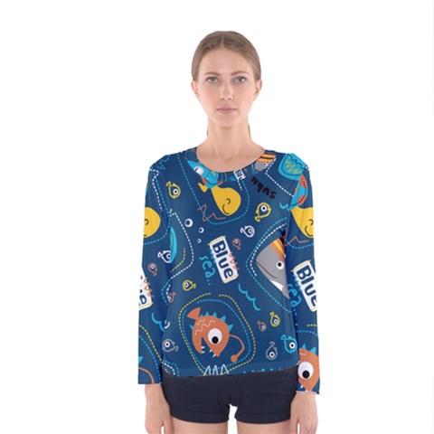 Seamless Pattern Vector Submarine With Sea Animals Cartoon Women s Long Sleeve T-shirt by Bedest