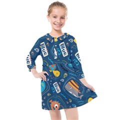 Seamless Pattern Vector Submarine With Sea Animals Cartoon Kids  Quarter Sleeve Shirt Dress by Bedest