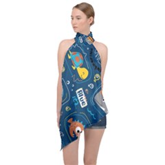 Seamless Pattern Vector Submarine With Sea Animals Cartoon Halter Asymmetric Satin Top by Bedest