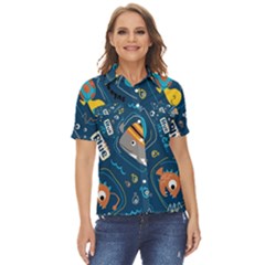 Seamless Pattern Vector Submarine With Sea Animals Cartoon Women s Short Sleeve Double Pocket Shirt