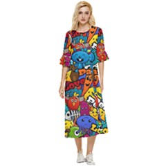 Graffiti Characters Seamless Pattern Double Cuff Midi Dress by Bedest