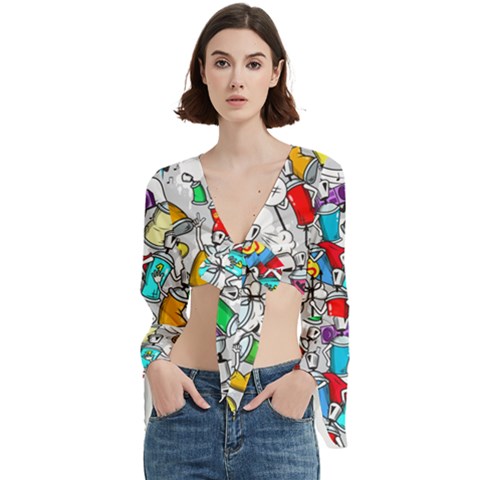 Graffity Characters Seamless Pattern Art Trumpet Sleeve Cropped Top by Bedest