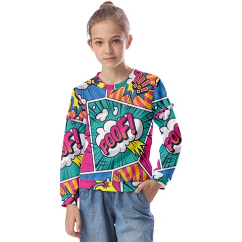 Comic Colorful Seamless Pattern Kids  Long Sleeve T-shirt With Frill  by Bedest