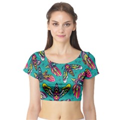 Vintage Colorful Insects Seamless Pattern Short Sleeve Crop Top