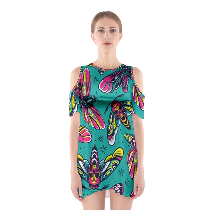 Vintage Colorful Insects Seamless Pattern Shoulder Cutout One Piece Dress