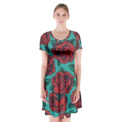 Vintage Floral Colorful Seamless Pattern Short Sleeve V-neck Flare Dress by Bedest