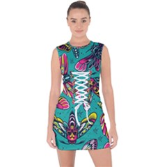 Vintage Colorful Insects Seamless Pattern Lace Up Front Bodycon Dress