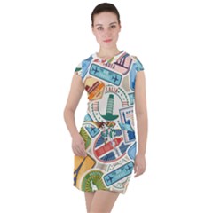 Travel Pattern Immigration Stamps Stickers With Historical Cultural Objects Travelling Visa Immigran Drawstring Hooded Dress by Bedest