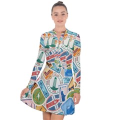 Travel Pattern Immigration Stamps Stickers With Historical Cultural Objects Travelling Visa Immigran Long Sleeve Panel Dress by Bedest