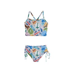 Travel Pattern Immigration Stamps Stickers With Historical Cultural Objects Travelling Visa Immigran Girls  Tankini Swimsuit