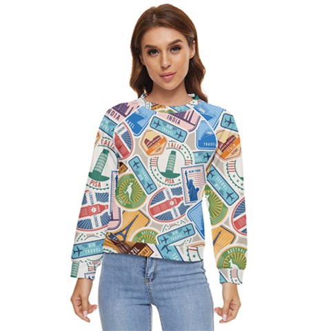 Travel Pattern Immigration Stamps Stickers With Historical Cultural Objects Travelling Visa Immigran Women s Long Sleeve Raglan T-shirt by Bedest