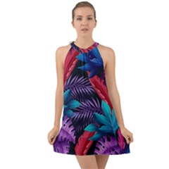 Background With Violet Blue Tropical Leaves Halter Tie Back Chiffon Dress by Bedest