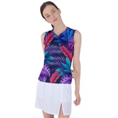 Background With Violet Blue Tropical Leaves Women s Sleeveless Sports Top