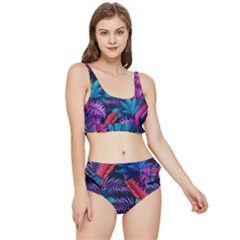 Background With Violet Blue Tropical Leaves Frilly Bikini Set