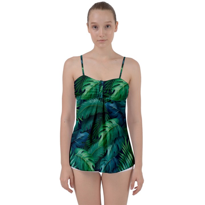 Tropical Green Leaves Background Babydoll Tankini Top