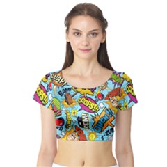 Comic Elements Colorful Seamless Pattern Short Sleeve Crop Top