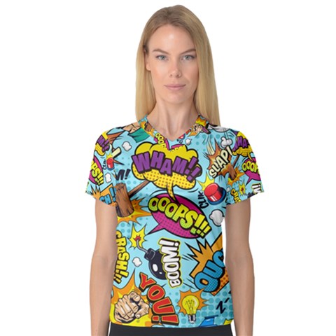 Comic Elements Colorful Seamless Pattern V-neck Sport Mesh T-shirt by Bedest