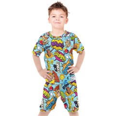 Comic Elements Colorful Seamless Pattern Kids  T-shirt And Shorts Set by Bedest